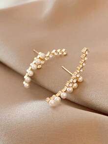 1對合金鑲嵌鑽石和人造珍珠耳釘 - 金色 - 查看 2