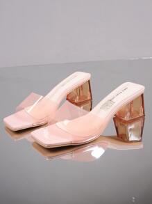 Xăng-đan hở ngón trong suốt, gót vuông pha lê chunky đính đá pha lê cho nữ, Plus Size 35-42 - Hồng - Xem 1