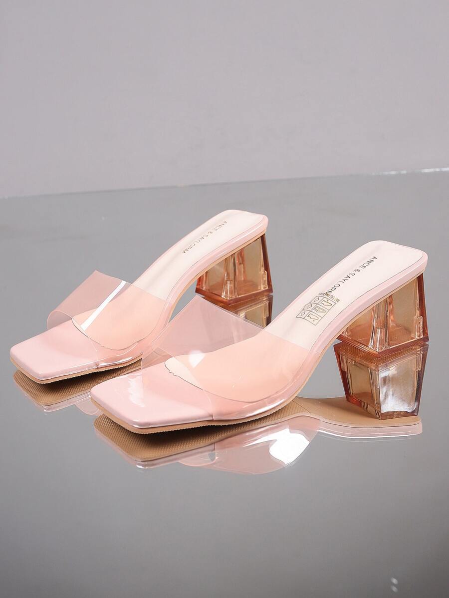 Xăng-đan hở ngón trong suốt, gót vuông pha lê chunky đính đá pha lê cho nữ, Plus Size 35-42 - Hồng - Xem 1