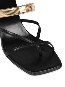 女士方形露趾高跟T字帶涼鞋 - 黑色 - 查看 3