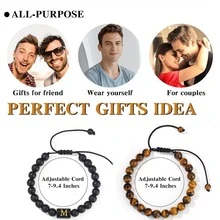 Initial Beaded Bracelet for Men 8mm Tiger Eye Lava Rock Stone Adjustable Initial Bracelet Gifts for Men - 金色 - 查看 7