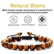 Initial Beaded Bracelet for Men 8mm Tiger Eye Lava Rock Stone Adjustable Initial Bracelet Gifts for Men - 金色 - 查看 3