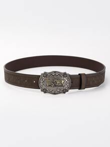 男士馬裝飾壓花腰帶 Boho風格 - 卡其色 - 查看 3