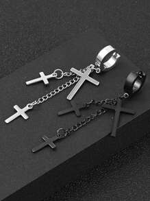 2入組不銹鋼三十字吊墜耳環耳朵骨扣飾,圓耳環適合男士男孩女士時尚首飾類 - 黑與白 - 查看 1