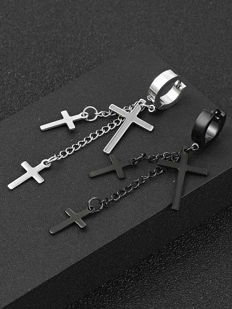 2入組不銹鋼三十字吊墜耳環耳朵骨扣飾,圓耳環適合男士男孩女士時尚首飾類 - 黑與白 - 查看 1
