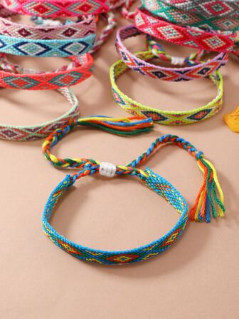 12 件波西米亚复古风格友谊手链套装，机器编织 + 手工编织复古海滩度假复古风格
