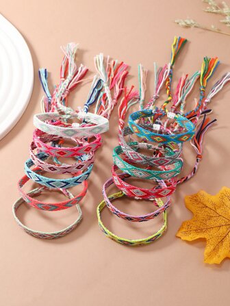 12pcs Bohemian Retro Style Friendship Bracelets Set, Machine Knitted + Handwoven Vintage Beach Vacation Retro Style