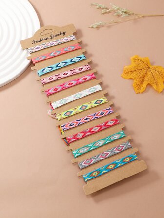 12pcs Bohemian Retro Style Friendship Bracelets Set, Machine Knitted + Handwoven Vintage Beach Vacation Retro Style