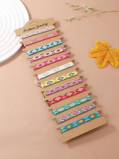 12 件波西米亚复古风格友谊手链套装，机器编织 + 手工编织复古海滩度假复古风格