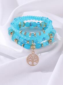 4入組波西米亞風格流行的手工串珠手鍊,帶有生命之樹吊墜,適合度假、派對和夜店 - 淺藍色 - 查看 1