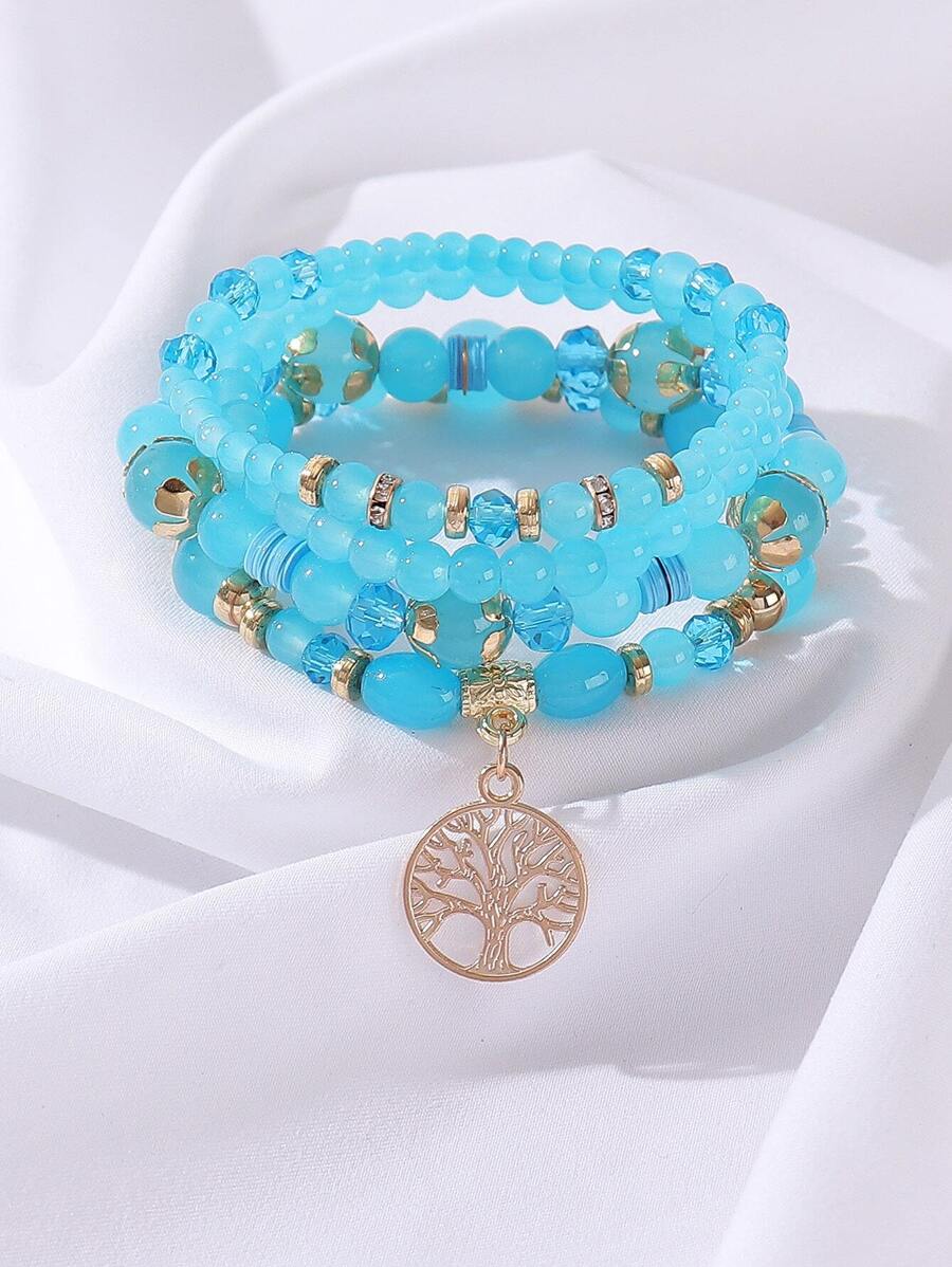 4入組波西米亞風格流行的手工串珠手鍊,帶有生命之樹吊墜,適合度假、派對和夜店 - 淺藍色 - 查看 1