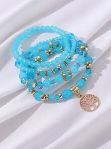 4入組波西米亞風格流行的手工串珠手鍊,帶有生命之樹吊墜,適合度假、派對和夜店 - 淺藍色 - 查看 3