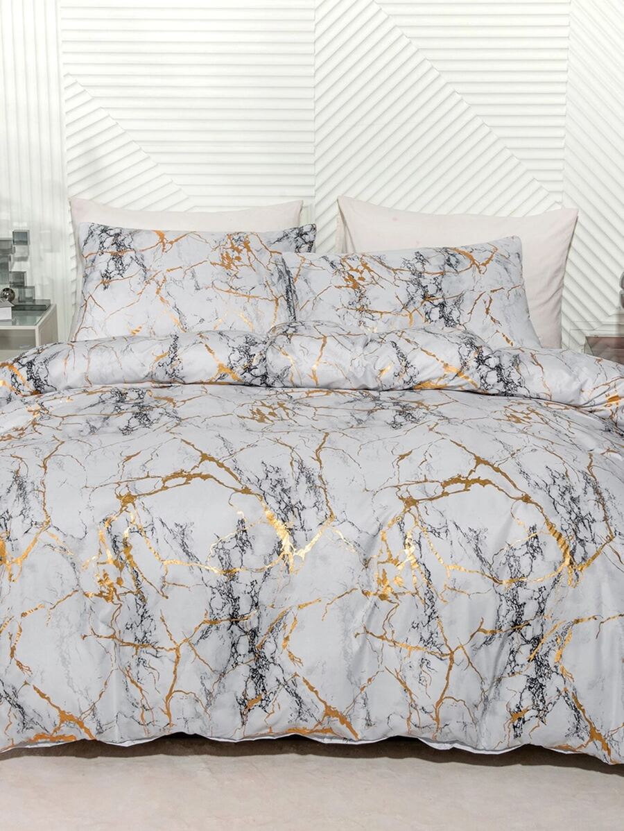 3pcs Fashionable Marble Pattern Gold Stamping Craft Polyester Fiber Duvet Cover Set For Home Bedroom - Multicolor - View 1
