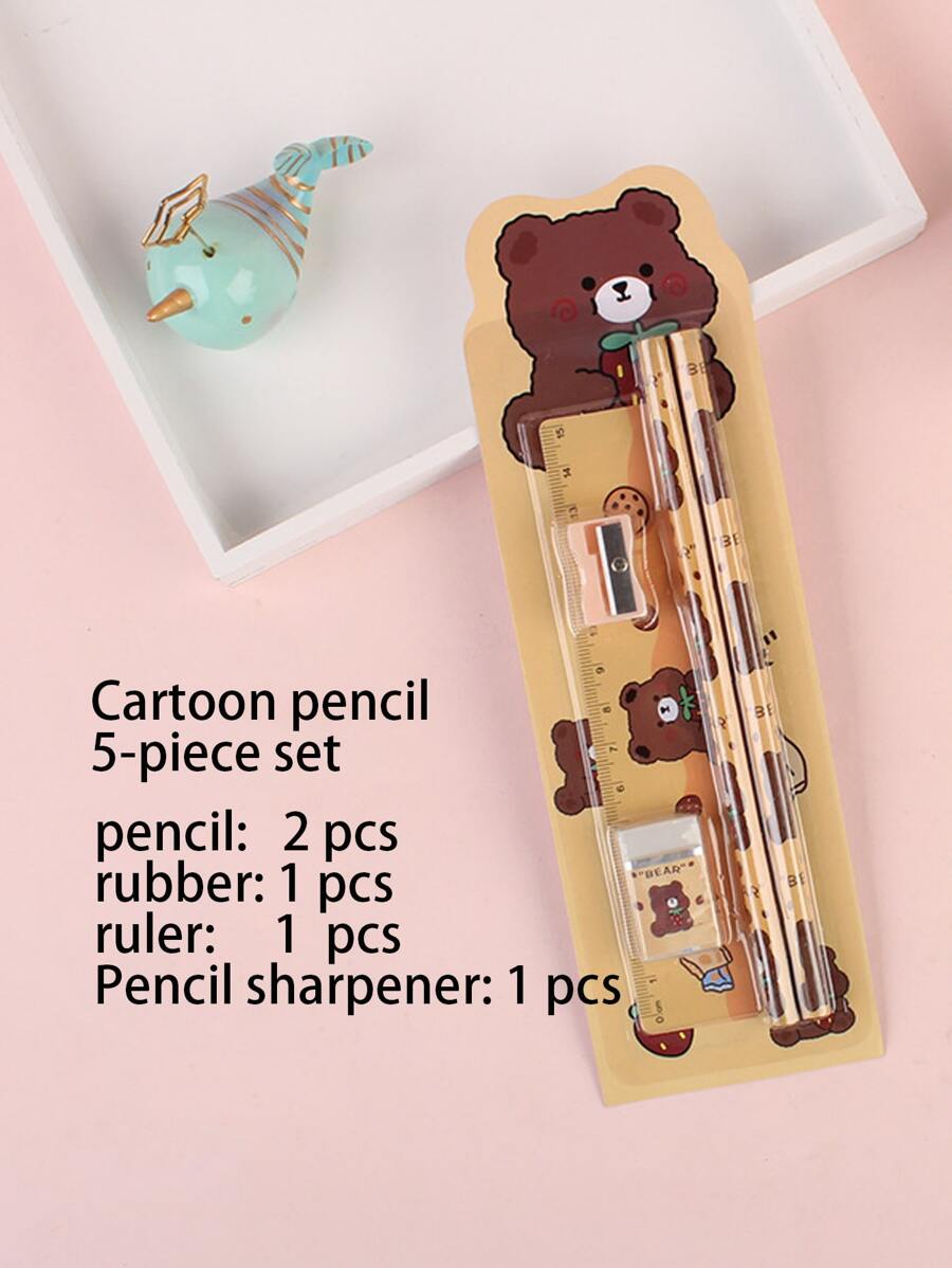 5 cái Bút chì Bộ Quà Văn Phòng Phẩm Bao gồm 2 Bút chì , 1 Cục tẩy , 1 Cái gọt bút chì , 1 Cái thước - Màu Khaki - Xem 1