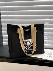 Bolso de lona de gran capacidad con estampado de letras casual, bolso de compras de moda para el ir y venir - Negro - Ver 3