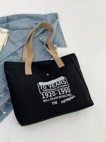 Bolso de lona de gran capacidad con estampado de letras casual, bolso de compras de moda para el ir y venir - Negro - Ver 4