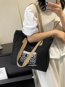 Bolso de lona de gran capacidad con estampado de letras casual, bolso de compras de moda para el ir y venir - Negro - Ver 2