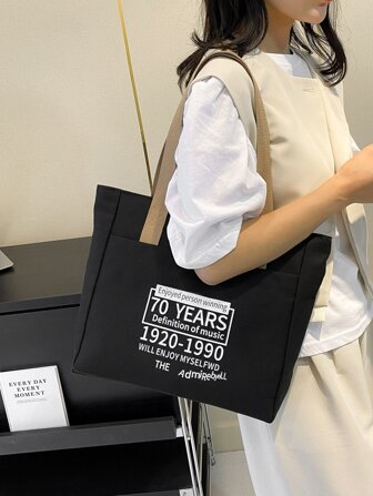 Large Capacity Canvas Shoulder Bag With Casual Letter Print, Fashionable Commuting Tote Bag
