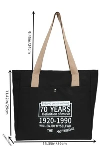 Bolso de lona de gran capacidad con estampado de letras casual, bolso de compras de moda para el ir y venir - Negro - Ver 5