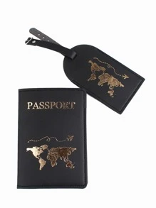 Ensemble de porte-passeport et étiquette de bagage mode pour les accessoires de voyage de lune de miel. Porte-cartes, étiquette de valise, étiquette d'identification, étui pour cartes, étiquette pendante pour les vacances, les vacances. Ensemble d'accessoires de voyage, essentiels de voyage, organisateur de voyage pour les vacances d'été, le retour à l'école, le sac d'école, les accessoires scolaires - Noir - Voir 2