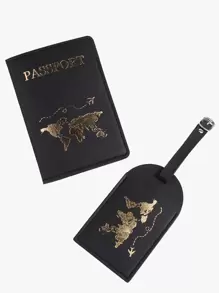 Ensemble de porte-passeport et étiquette de bagage mode pour les accessoires de voyage de lune de miel. Porte-cartes, étiquette de valise, étiquette d'identification, étui pour cartes, étiquette pendante pour les vacances, les vacances. Ensemble d'accessoires de voyage, essentiels de voyage, organisateur de voyage pour les vacances d'été, le retour à l'école, le sac d'école, les accessoires scolaires - Noir - Voir 7