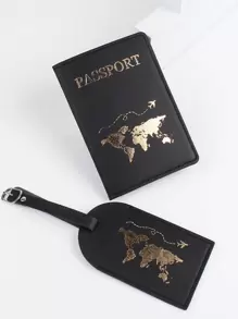 Ensemble de porte-passeport et étiquette de bagage mode pour les accessoires de voyage de lune de miel. Porte-cartes, étiquette de valise, étiquette d'identification, étui pour cartes, étiquette pendante pour les vacances, les vacances. Ensemble d'accessoires de voyage, essentiels de voyage, organisateur de voyage pour les vacances d'été, le retour à l'école, le sac d'école, les accessoires scolaires - Noir - Voir 6