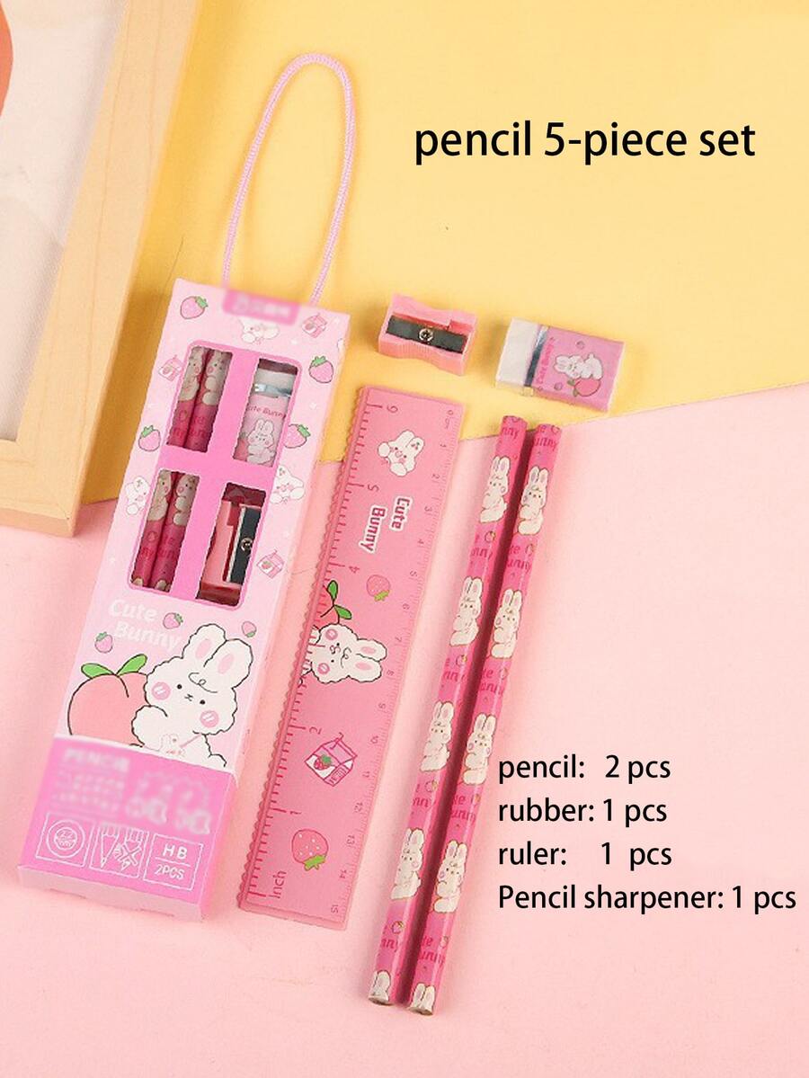 5入組鉛筆文具禮盒套裝包括2鉛筆,1橡皮,1卷筆刀,1尺