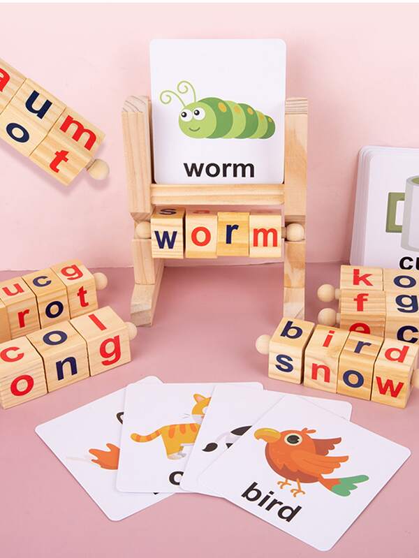 Wooden Reading Blocks Short Vowel Rods Spelling Games, Flash Cards Turning Rotating Letter
