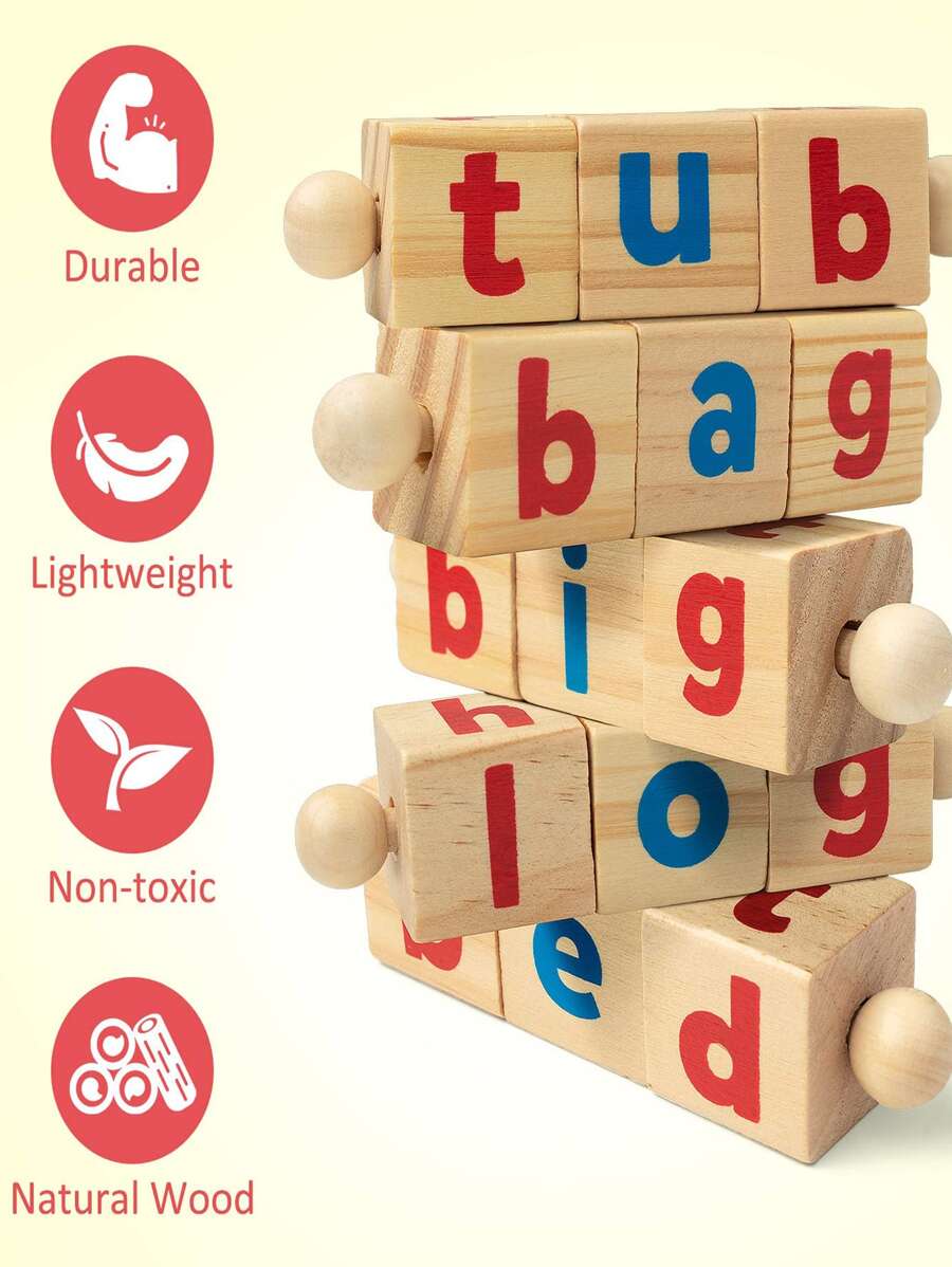 Wooden Reading Blocks Short Vowel Rods Spelling Games, Flash Cards Turning Rotating Letter