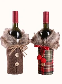 1 件圣诞餐桌酒瓶装饰条纹格纹裙瓶盖适用于红酒 - 彩色 - 查看 3
