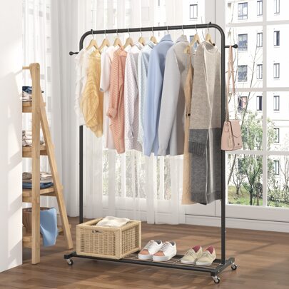 39.76" L x 16" W x 64.56" H Clothes Rack on Wheels, Clothing Rack with Bottom Mesh Storage Shelf,Sturdy Metal Frame,Rolling Garment Rack for Hanging Clothes,Coats