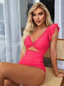 Phụ nữ một mảnh xoắn lại Cắt ra Xù màu trơn - Màu Hồng Tươi - Xem 1