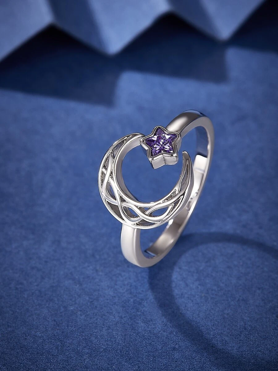 H Z JEWERLY 1pc Fashionable Cz Star & Moon Ring - Multicolor - View 1