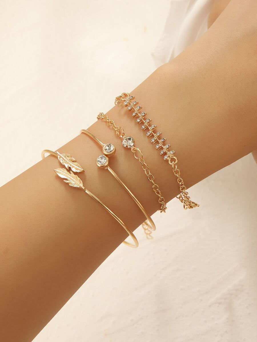 4 piezas Set pulseras y brazaletes para mujer para uso diario - Dorado - Ver 1