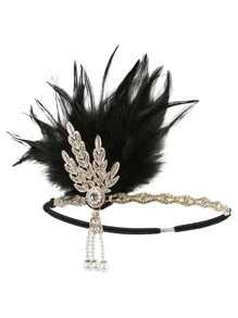 1pc Women's Exaggerate Feather Headband & Pearl Hairband For Party, Banquet, Dance, Wedding Vintage Fall Winter Hair Band Hair Accessories For Women For Vacation Outfits Woman Elegant Scarf Women Bandana Soft Headwrap Bride Accessories - Black - View 2