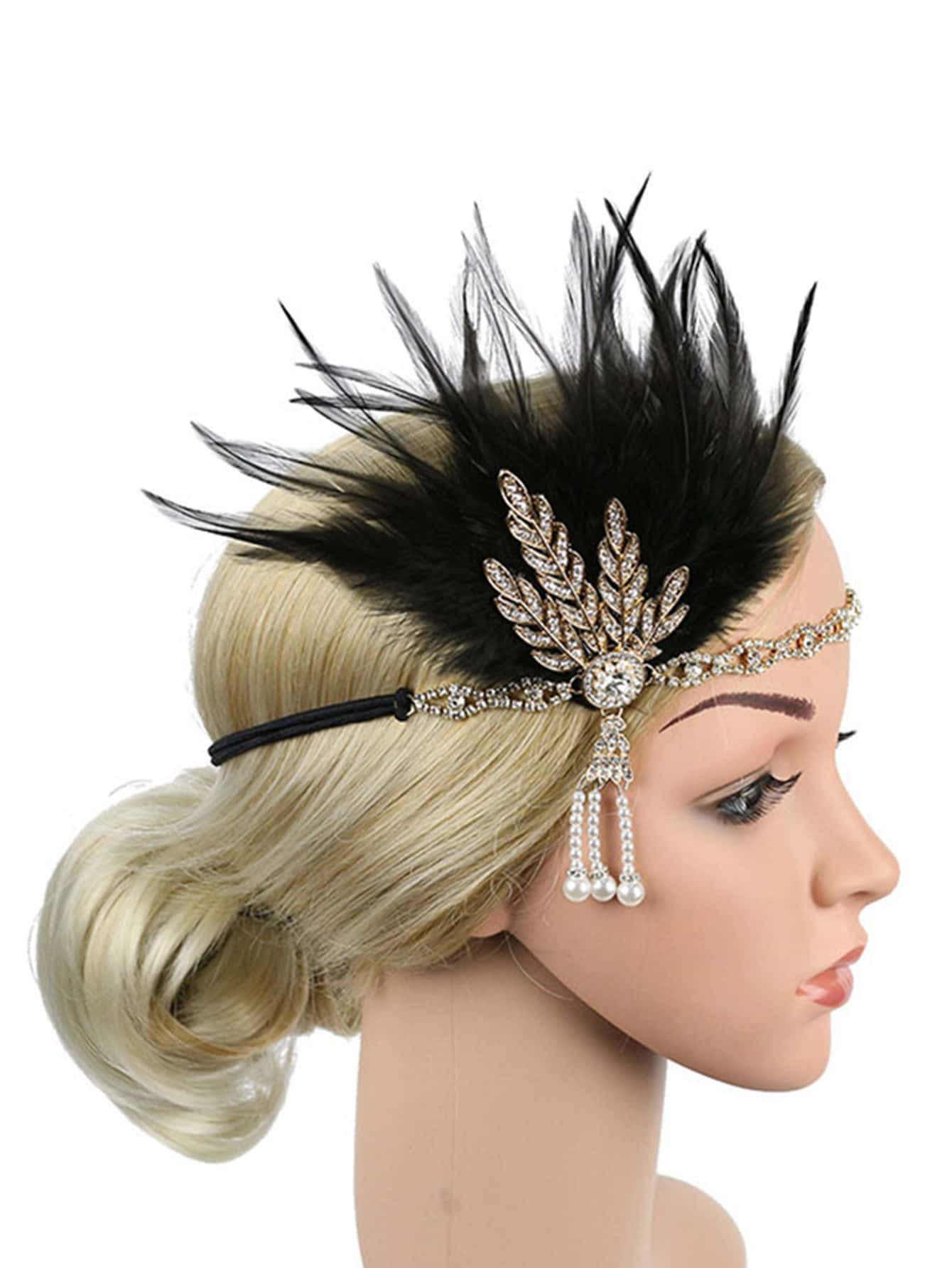 1pc Women's Exaggerate Feather Headband & Pearl Hairband For Party, Banquet, Dance, Wedding Vintage Fall Winter Hair Band Hair Accessories For Women For Vacation Outfits Woman Elegant Scarf Women Bandana Soft Headwrap Bride Accessories - Black - View 1