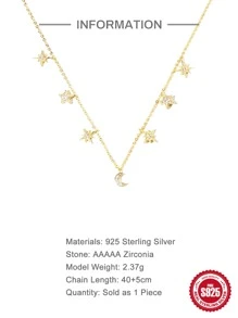 1 Trăng Sao Đính Đá Cubic Zirconia S925 Sterling Sliver Vòng Cổ Nữ Tuyên Bố Mỹ Vòng Cổ - Vàng - Xem 4
