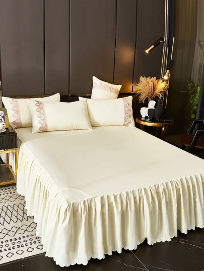 1 Set Solid Color Bed Skirt With Palace Style Ruffle Edge For Breathable Bedding
