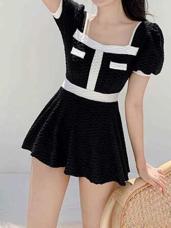 Contrast Trim Puff Sleeve Square Neck Skirt Summer