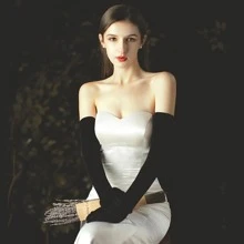 1 双女士简约风格天鹅绒黑色新娘长手套适合婚礼、礼服和晚会配饰女士秋季服装 - 黑色 - 查看 4