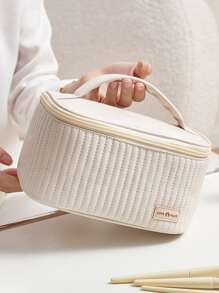 Pu Cosmetic Bag & Handbag For Travel Toiletry Organizer, Portable Makeup Storage Case For Traveling Cruise Essential - Beige - View 2