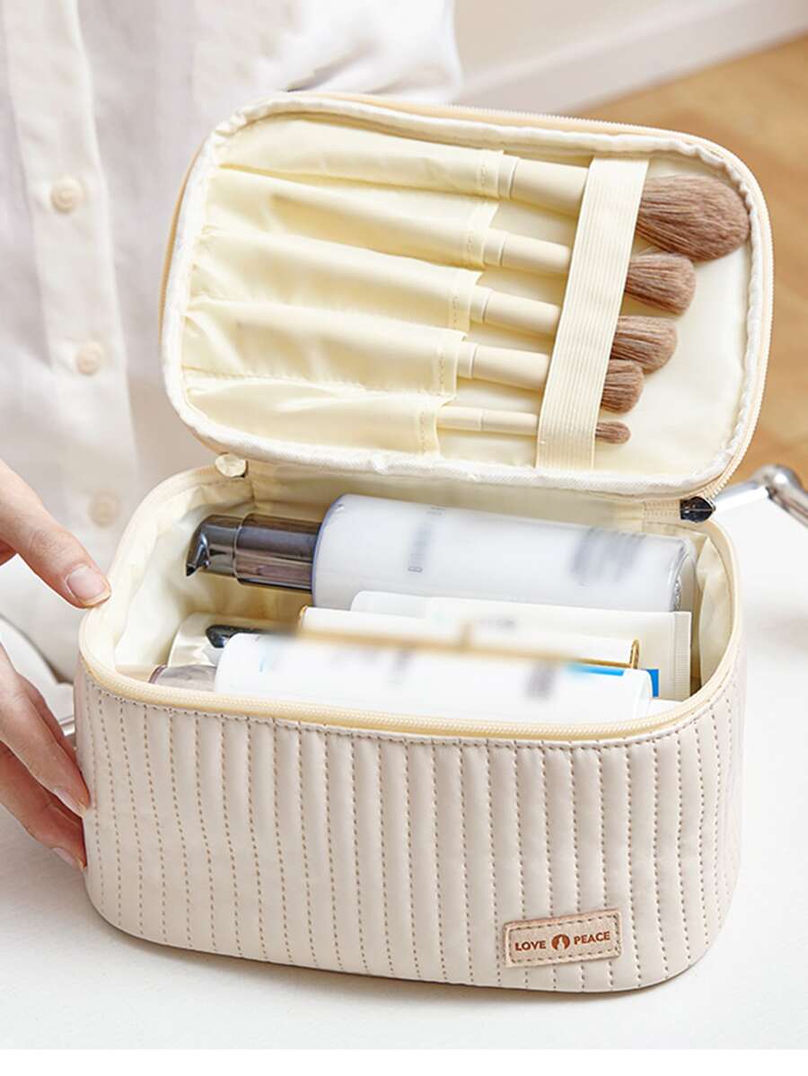Pu Cosmetic Bag & Handbag For Travel Toiletry Organizer, Portable Makeup Storage Case For Traveling Cruise Essential - Beige - View 1