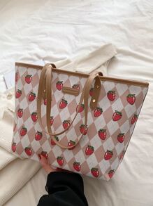 大容量可愛草莓圖案手提包女時尚單肩包學生書本收納PU皮女生購物大包可裝14寸電腦文件工作通勤包 - 卡其色 - 查看 1