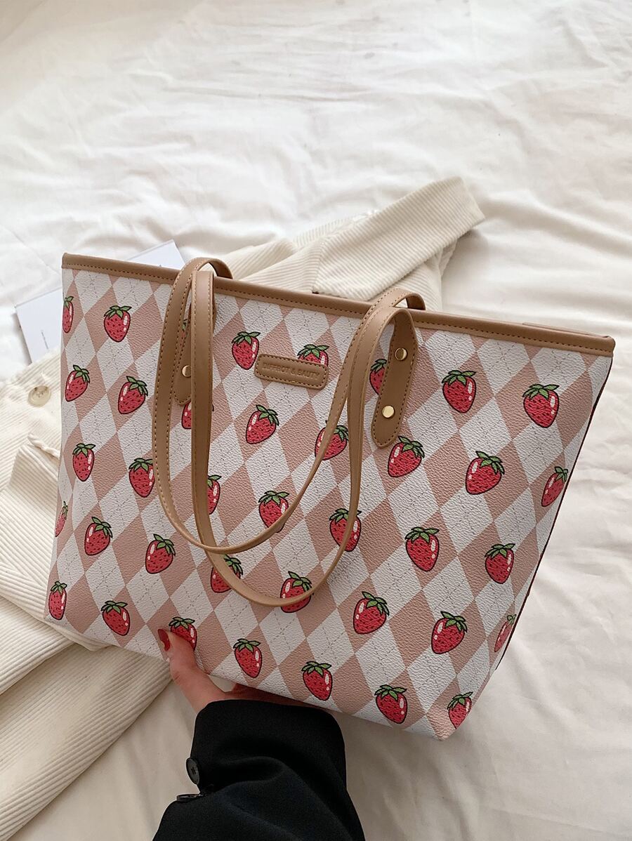 大容量可愛草莓圖案手提包女時尚單肩包學生書本收納PU皮女生購物大包可裝14寸電腦文件工作通勤包 - 卡其色 - 查看 1