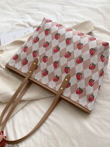 大容量可愛草莓圖案手提包女時尚單肩包學生書本收納PU皮女生購物大包可裝14寸電腦文件工作通勤包 - 卡其色 - 查看 2