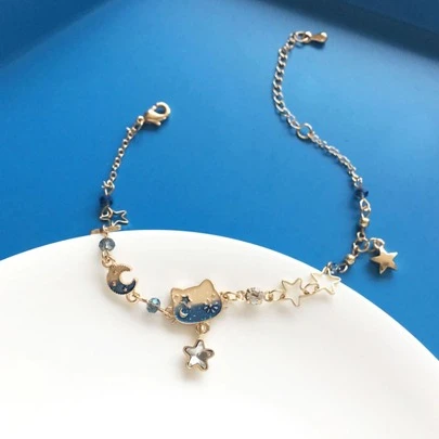 貓吊墜手環帶創意和審美女孩,淑女風共鳴,可愛太陽和月亮裝飾用品帶漸層效果適合女士