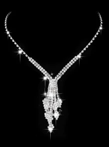 3 piezas brillante rombo en forma de con diamante de imitación Collar con colgante con Set pendiente , Joyas nupciales Set - Plateado - Ver 3