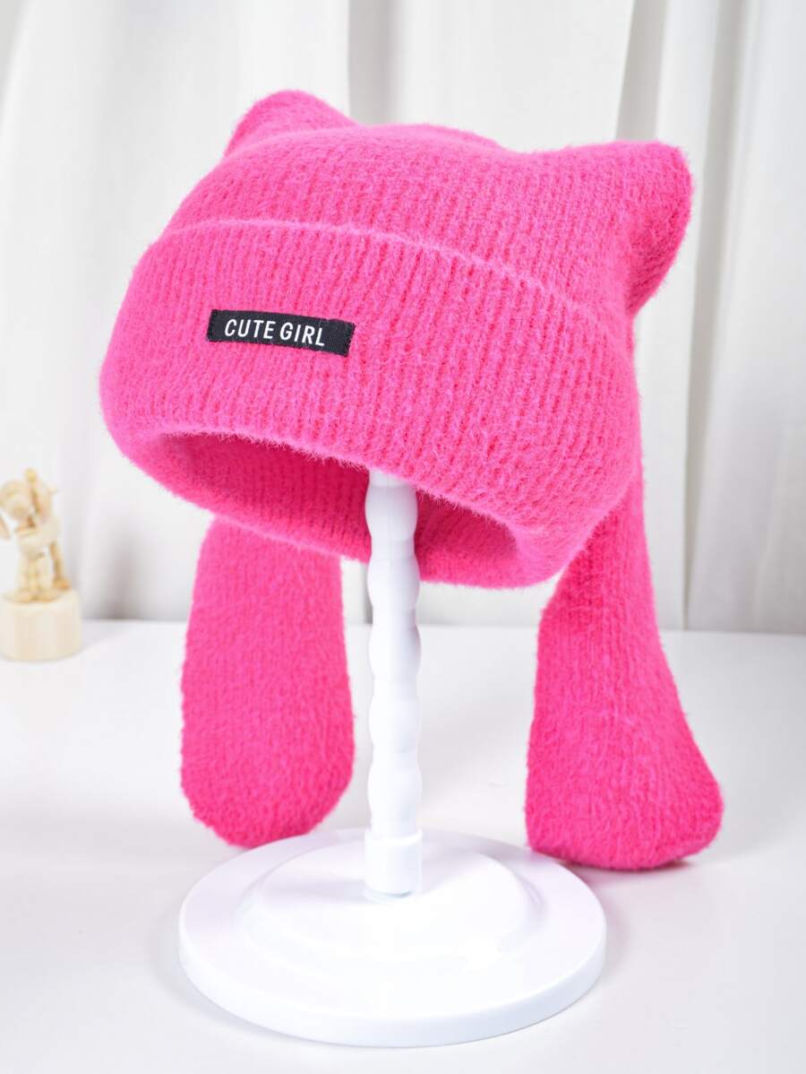 1 件女士可爱动物耳朵设计针织冬季无檐帽，带保暖内衬 - 玫紅色 - 查看 1