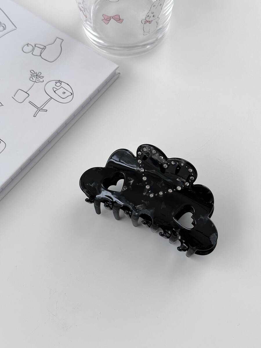 OUSEON Rhinestone Heart Decor Hair Claw - Black - View 1