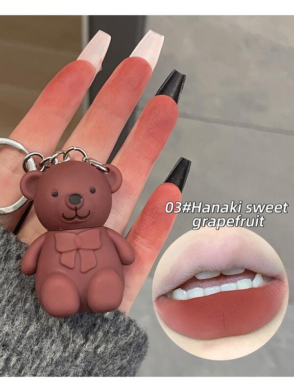 Art Value Bear Pattern Keychain Lip Gloss,Silky Matte Finish Lip Mud Long-Lasting Matte Liquid Lipstick Highly Pigmented Lip Gloss